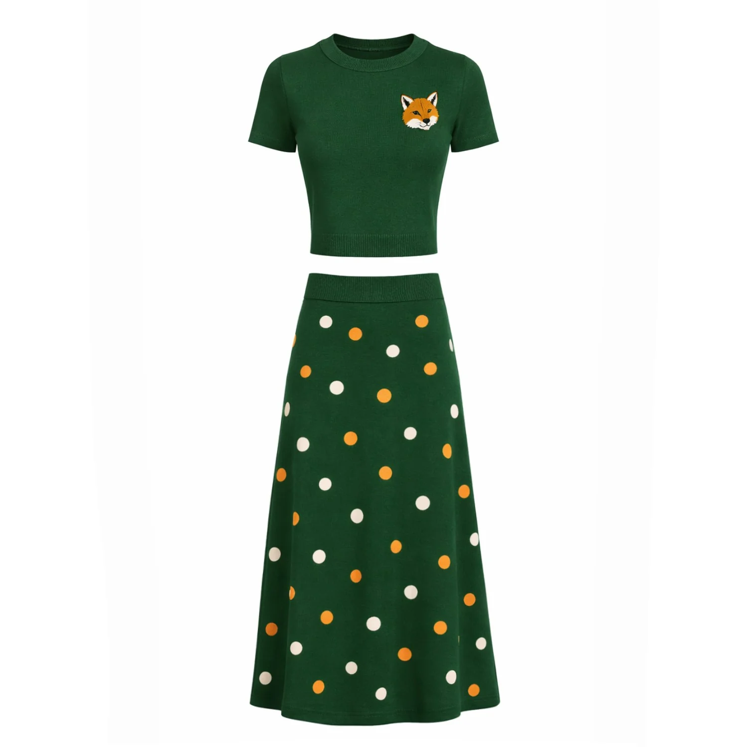 Women's green fox jacquard retro jacquard knit dress set