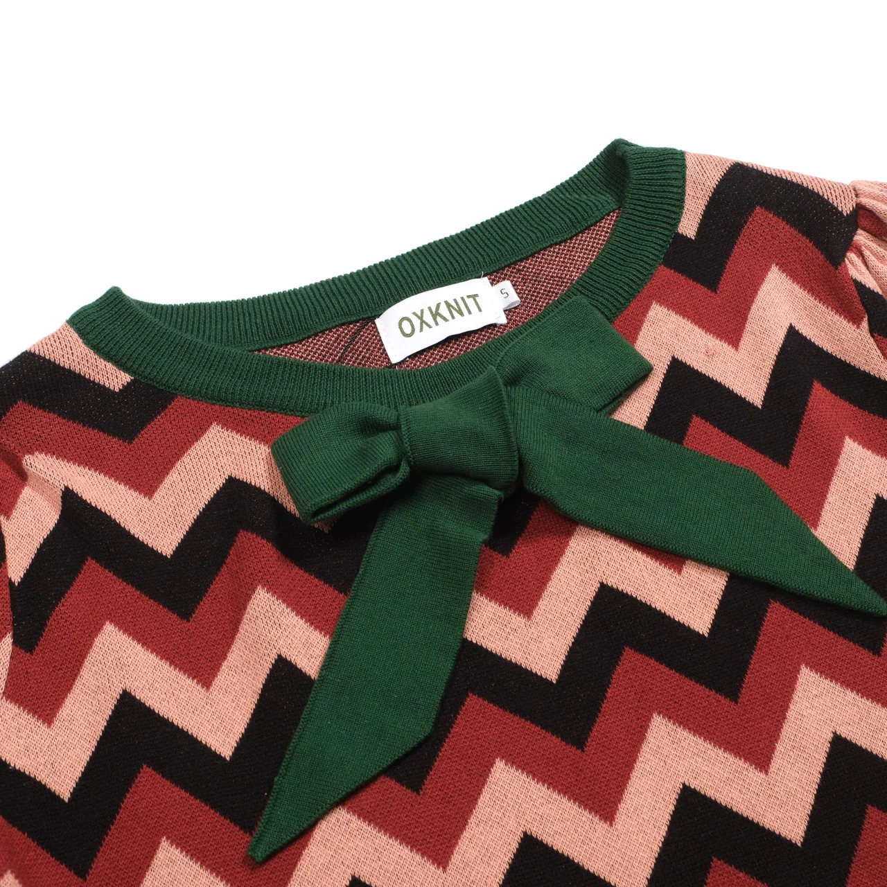 Women's green jacquard bow with bubble sleeve knitwear - Image 4