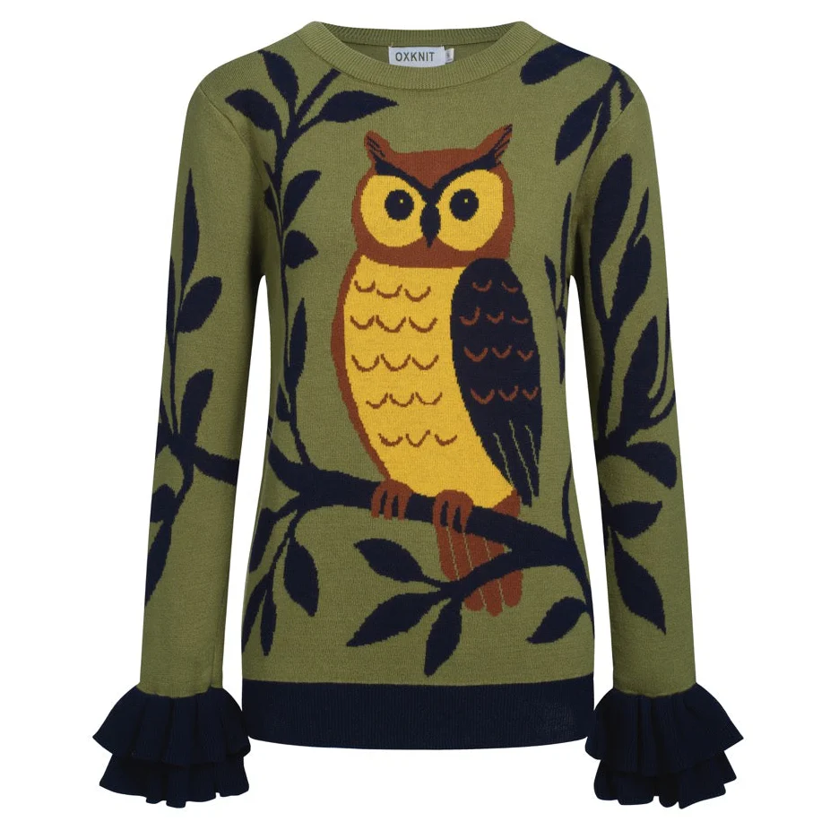 Women's green owl jacquard ruffled design knitwear-longer sleeves