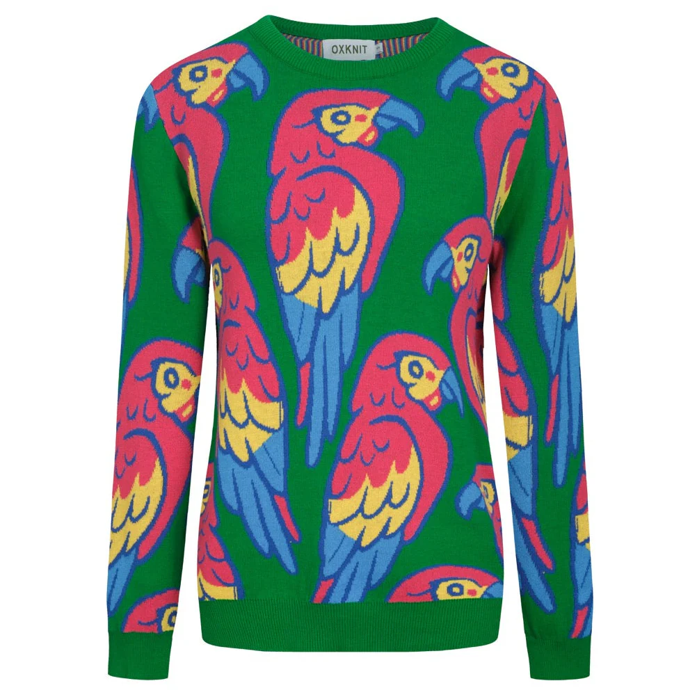 Women's green parrot jacquard knitwear