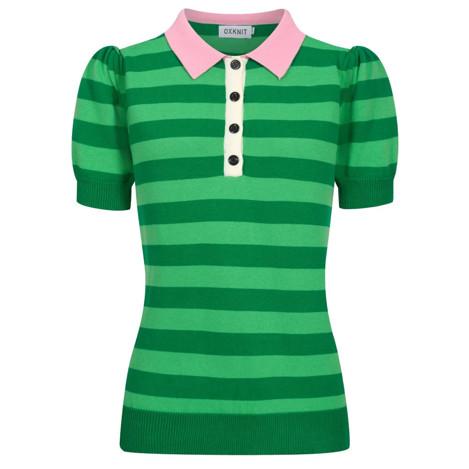 Women's green striped puffed sleeve knitted polo shirt