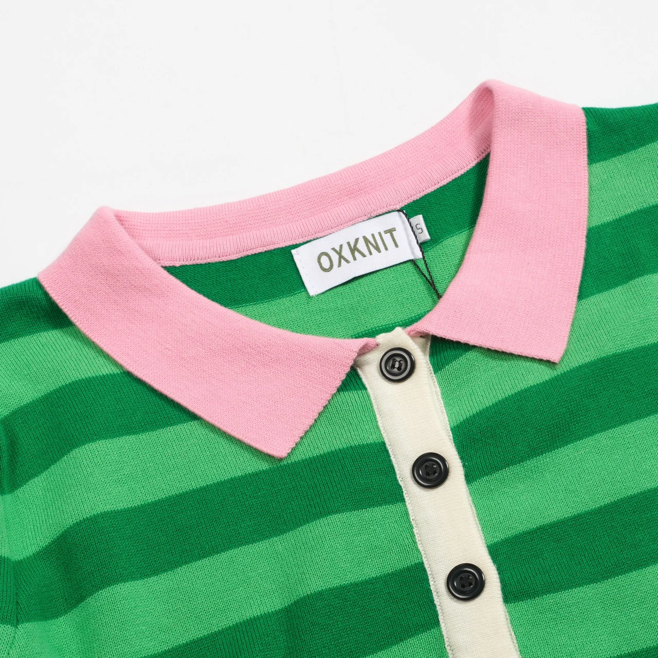 Women's green striped puffed sleeve knitted polo shirt - Image 4