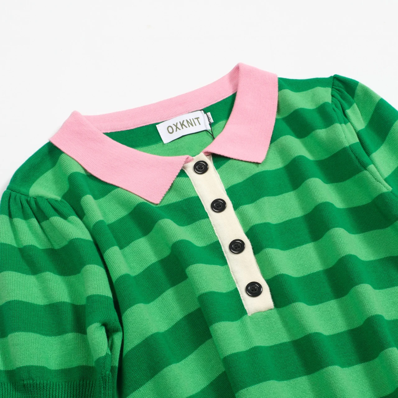 Women's green striped puffed sleeve knitted polo shirt - Image 7