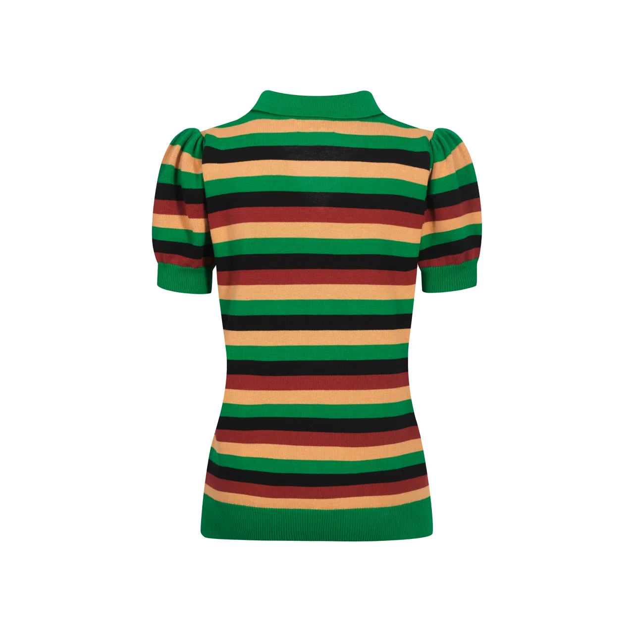 Women's green striped puffed sleeve knitted V-neck polo - Image 3