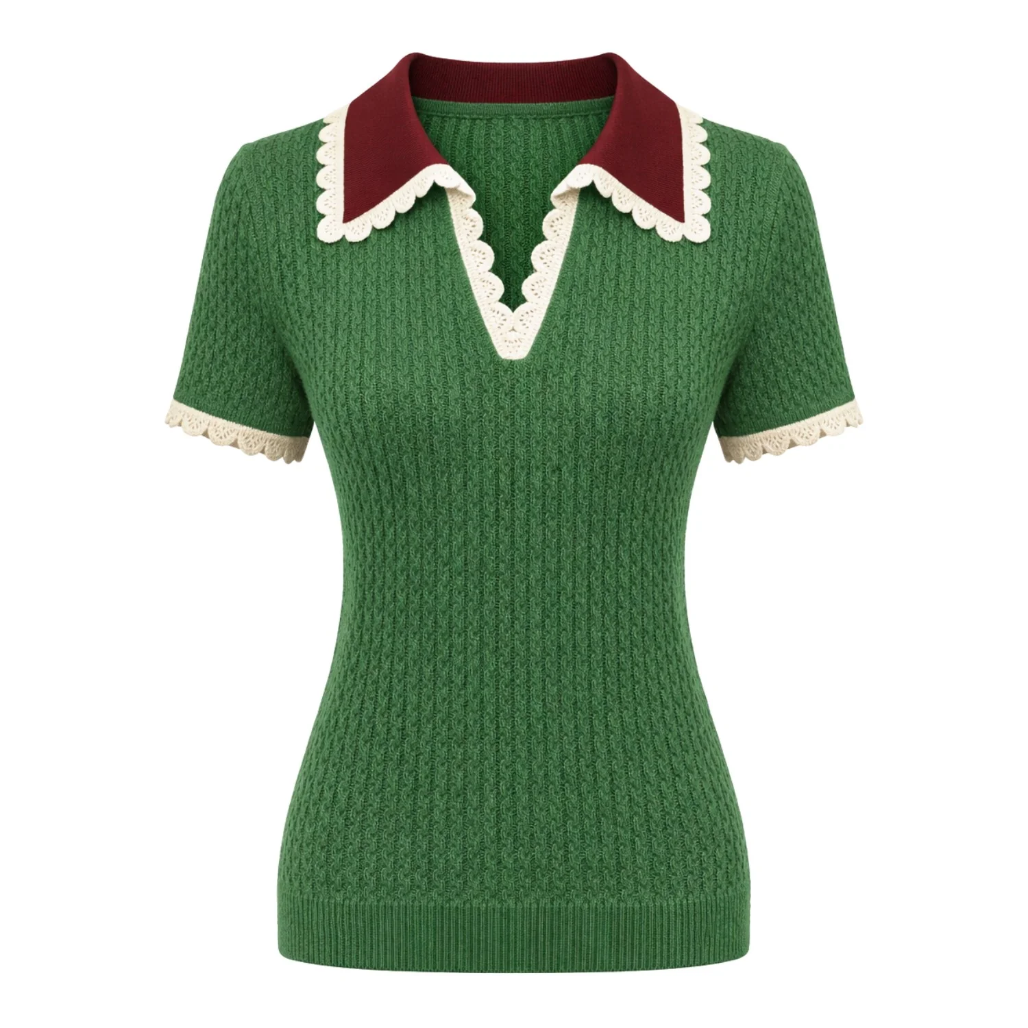 Women's green vintage collegiate style knitted V-neck polo