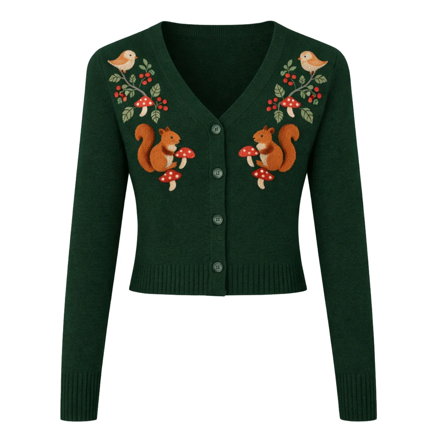 Women's green vintage embroidered knit cardigan - Cropped Length