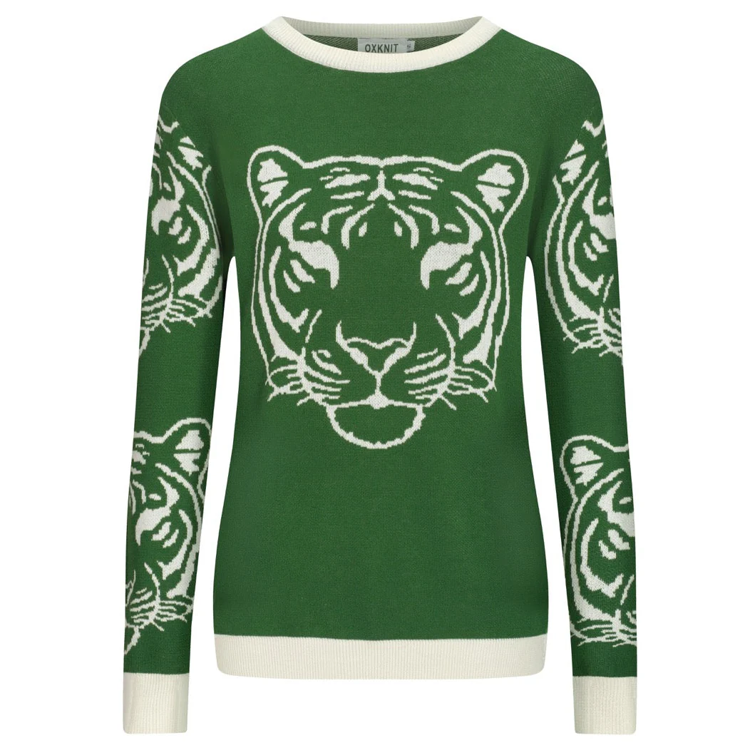 Women's Green Vintage Tiger Artistic Fashion Jacquard Knitwear
