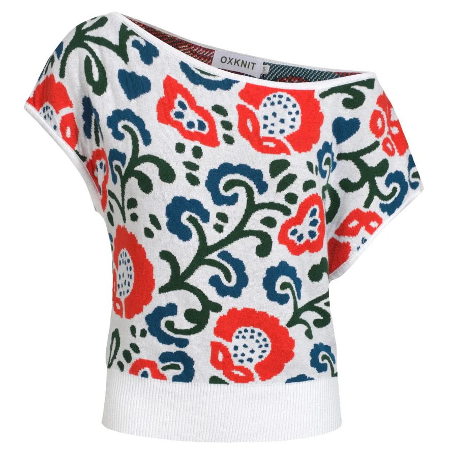 Women's jacquard slope-shoulder knit T-shirt - short version size