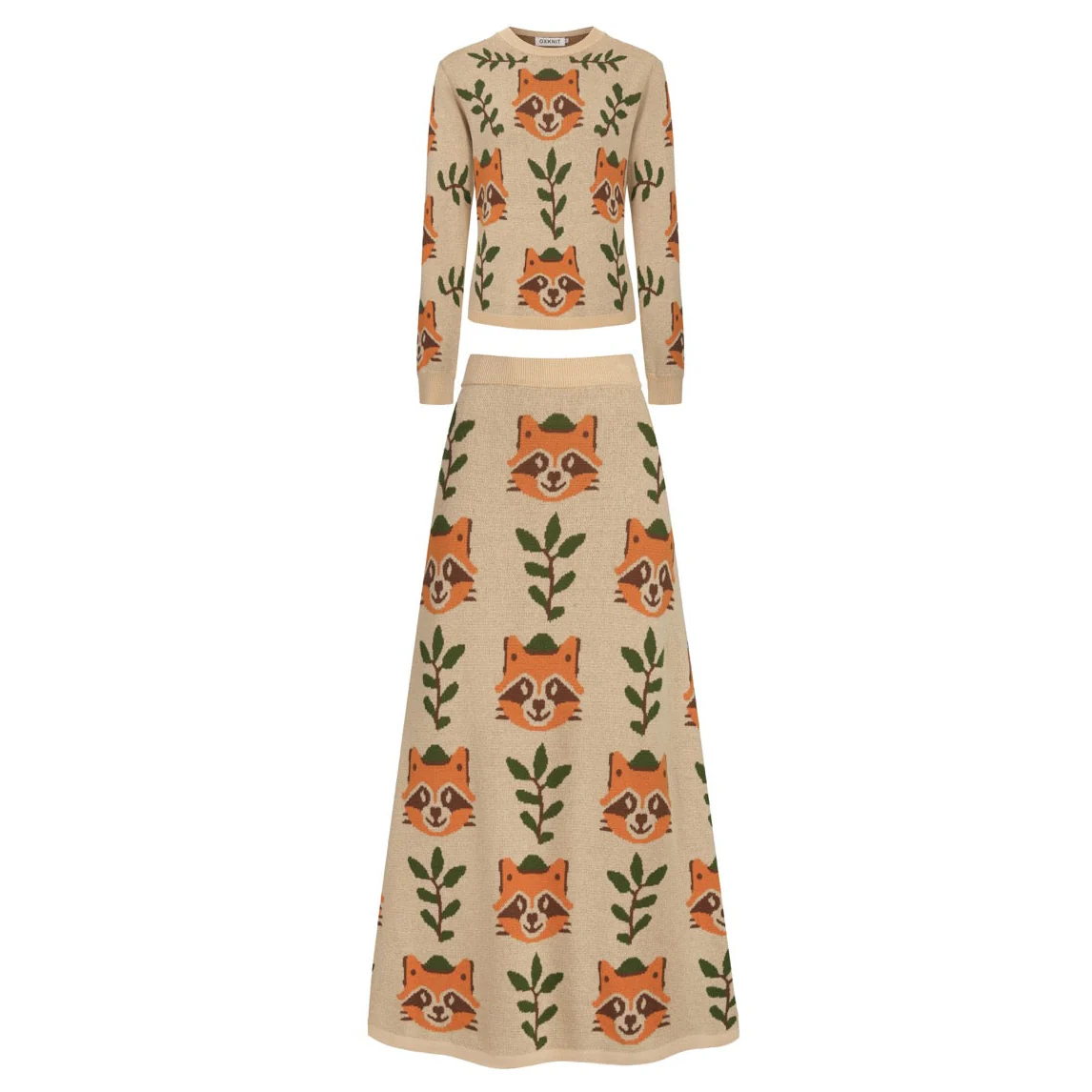 Women's khaki-colored animal print knitted skirt suit