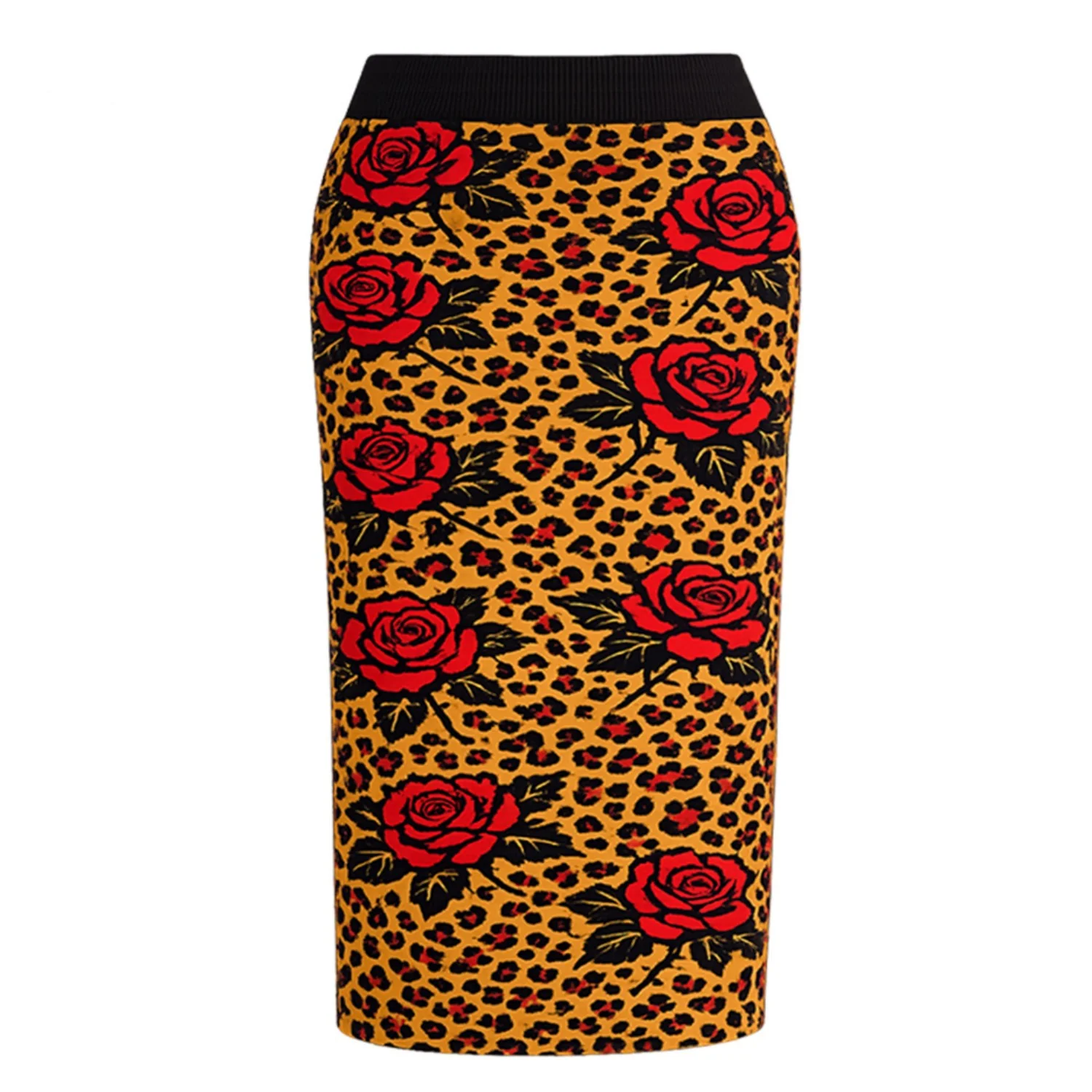 Women's khaki leopard print rose knit skirt