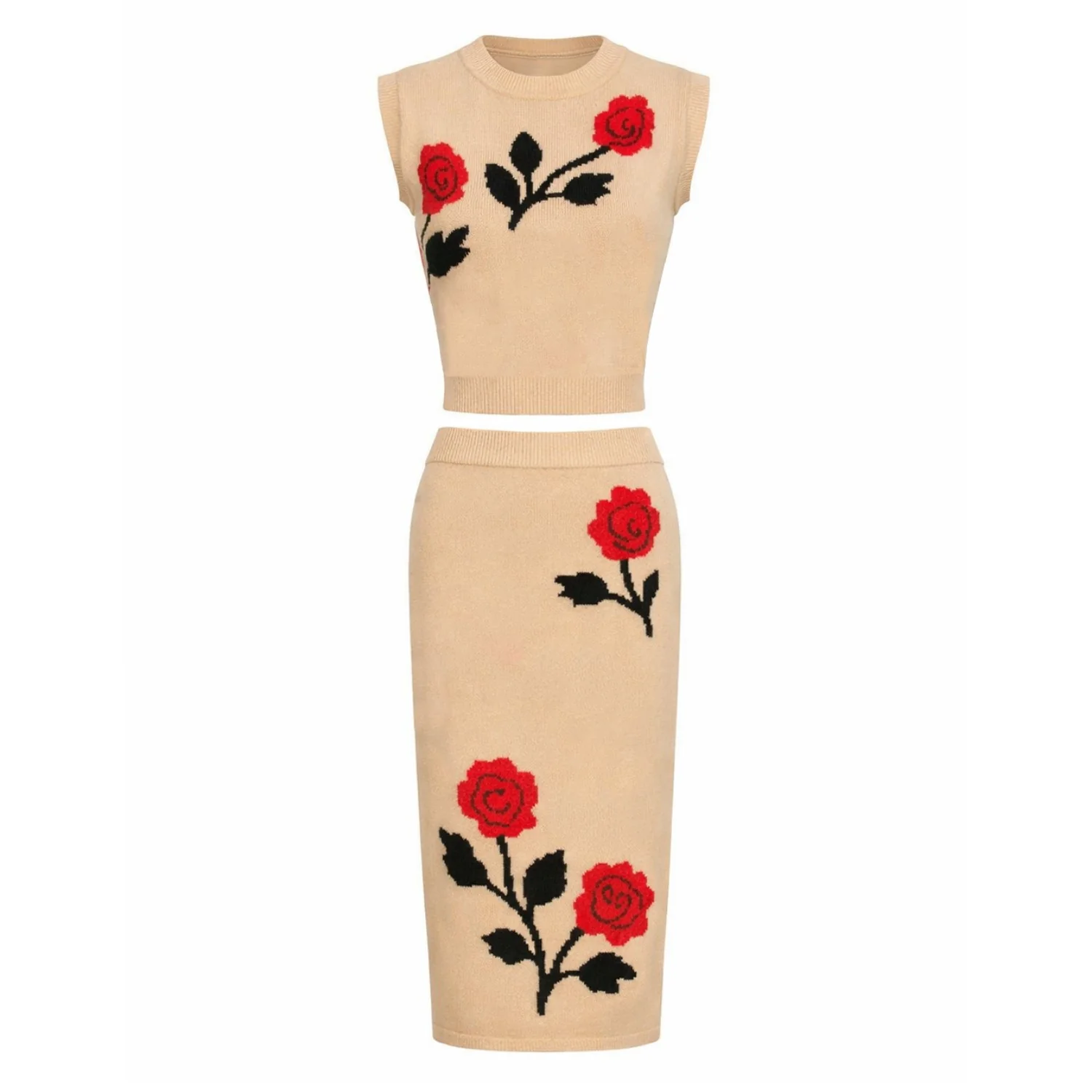 Women's khaki rose Jacquard vintage vest skirt suit