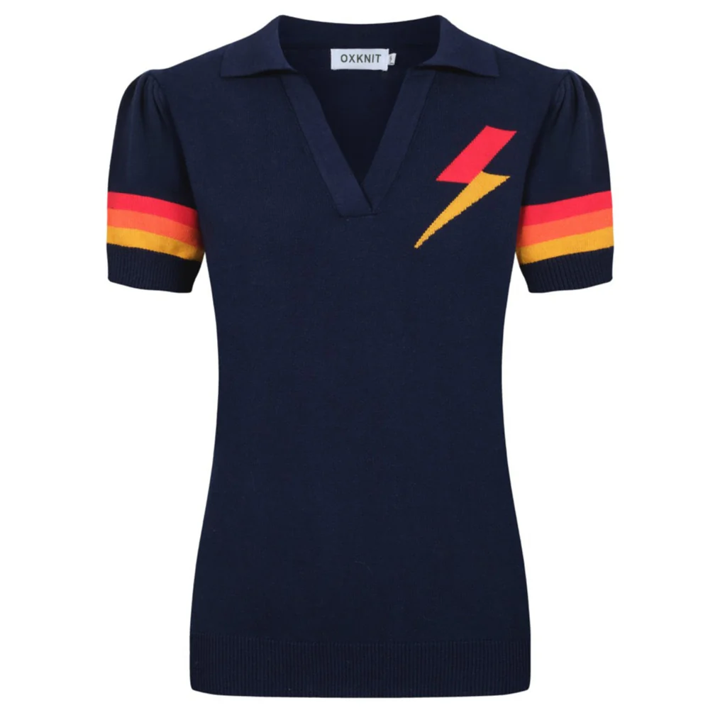 Women's lightning jacquard puffed sleeve knitted polo