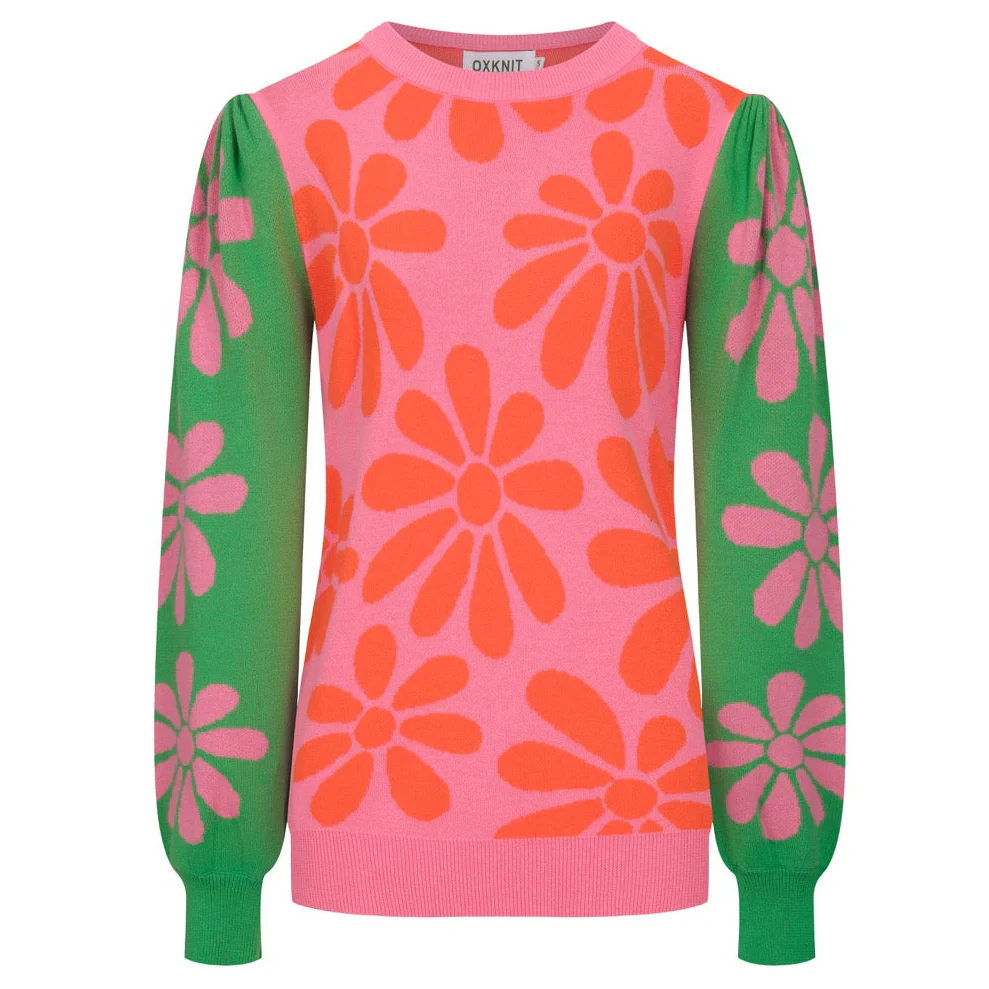Women's multicolor art flower bubble sleeve knitwear