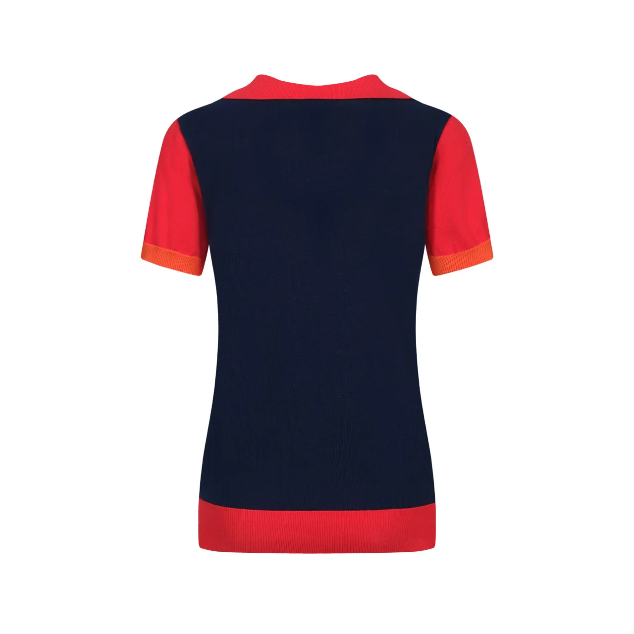 Women's Navy Blue rainbow striped V-neck knitted polo shirt - Image 3