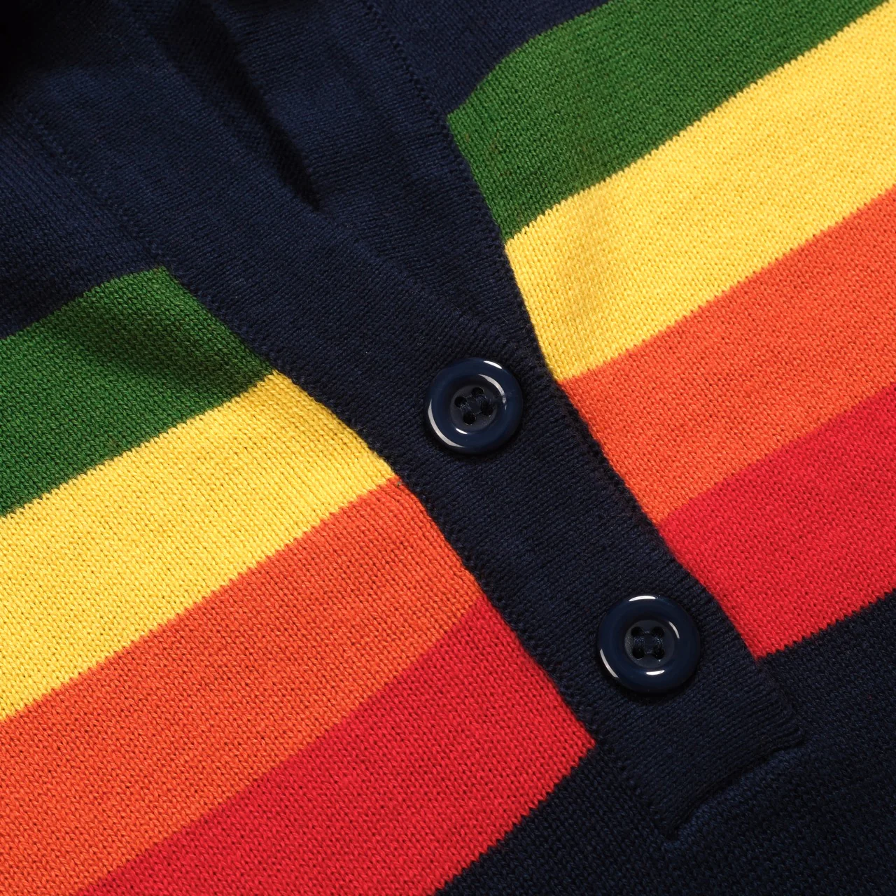 Women's Navy Blue rainbow striped V-neck knitted polo shirt - Image 5
