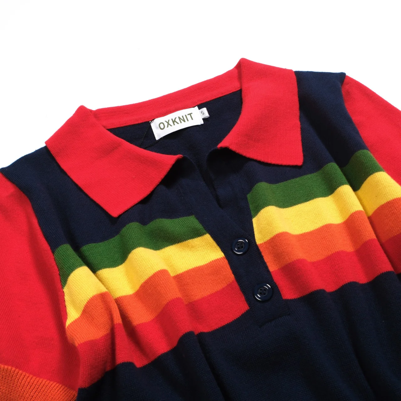 Women's Navy Blue rainbow striped V-neck knitted polo shirt - Image 9