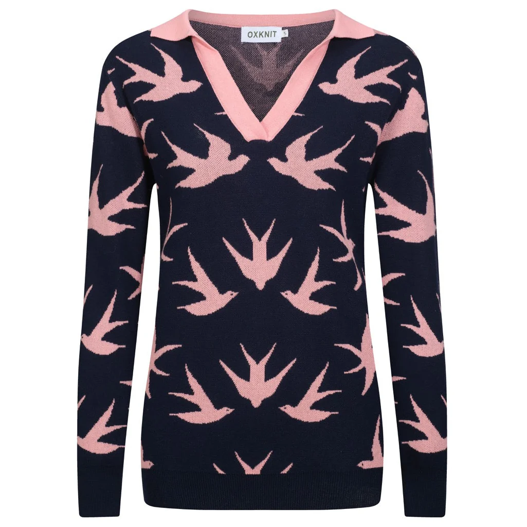Women's navy blue swallow jacquard V-neck knitwear
