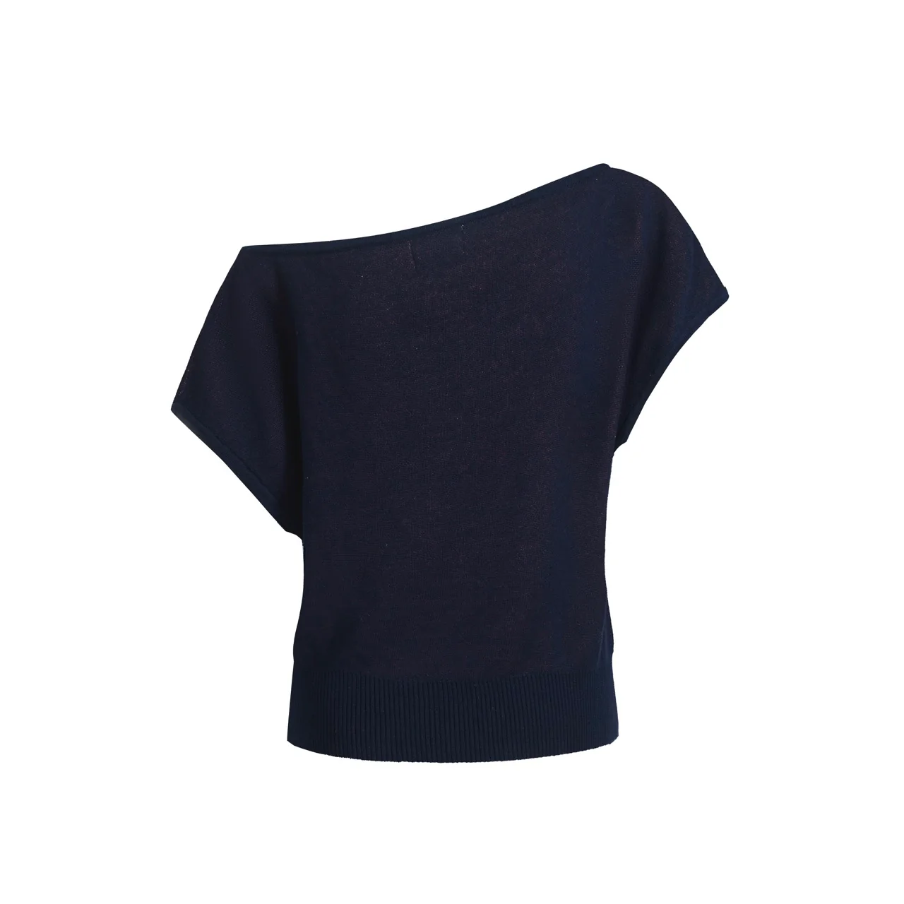 Women's navy knit T-shirt with diagonal shoulder - short version size - Image 9