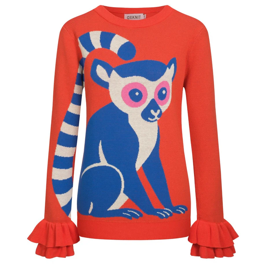 Women's orange animal print ruffled design knitwear-longer sleeves