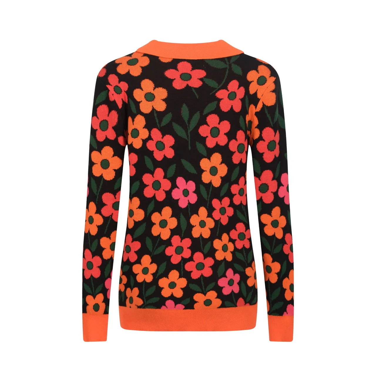 Women's orange floral Jacquard vintage V-neck polo - Image 2