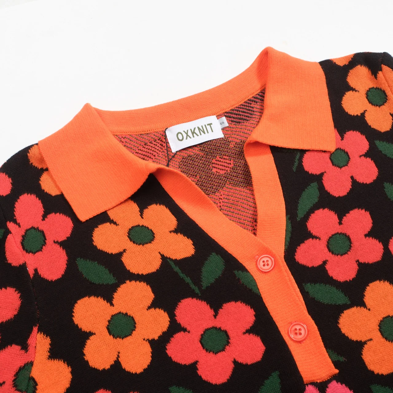 Women's orange floral Jacquard vintage V-neck polo - Image 4