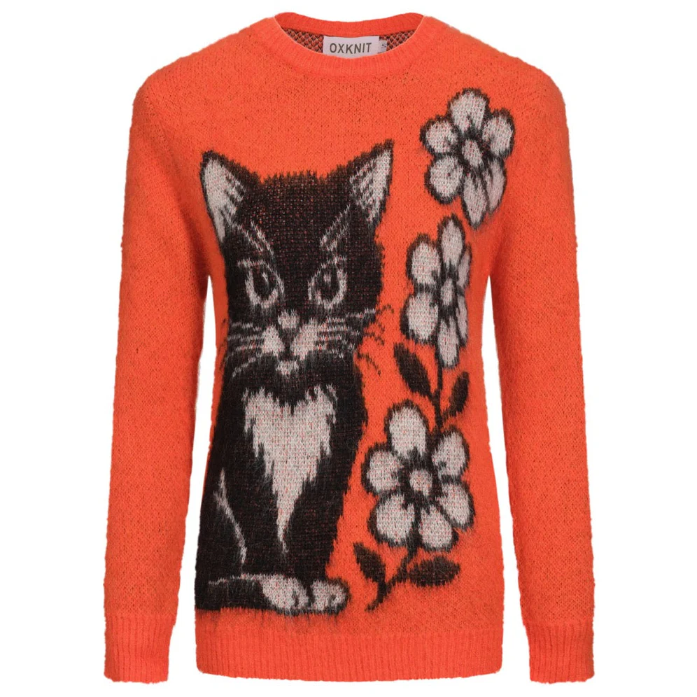 Women's orange vintage cat flower jacquard knitwear