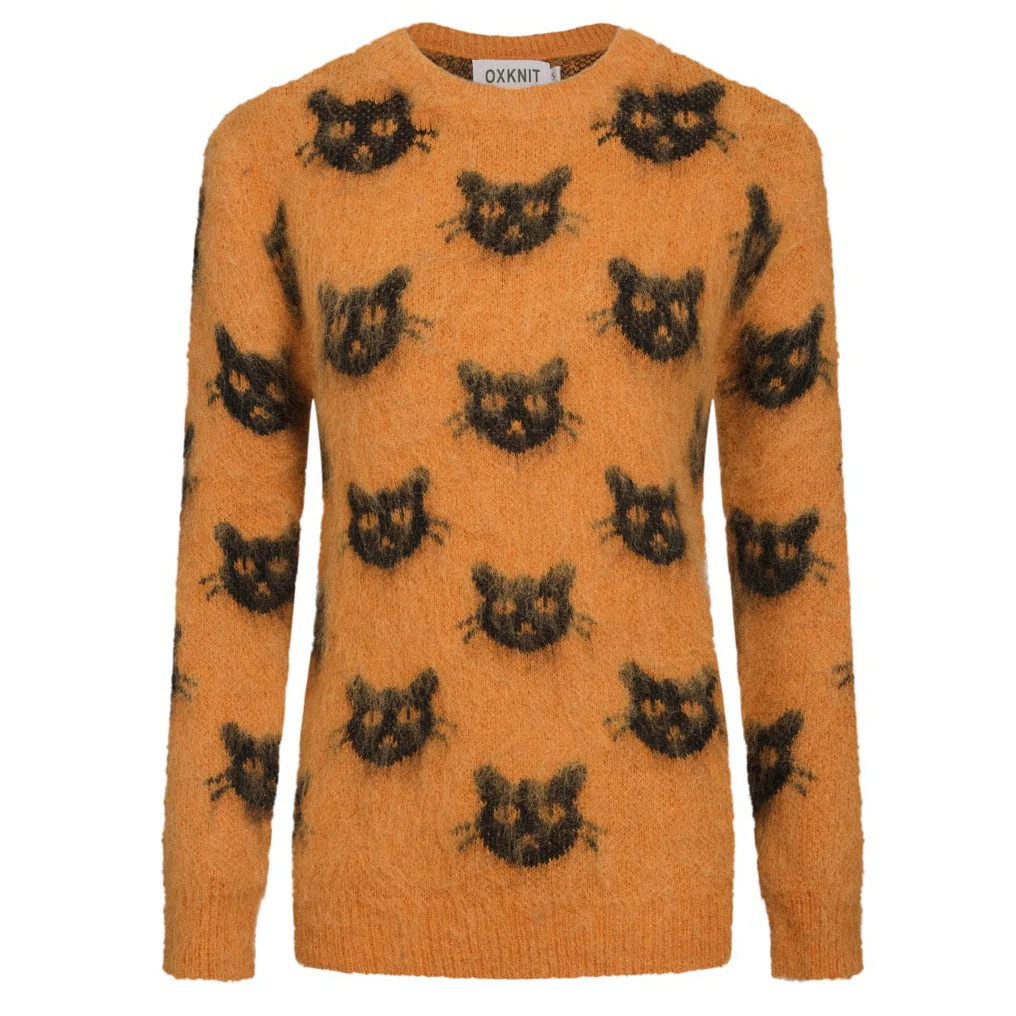 Women's orange vintage cat head jacquard knitwear