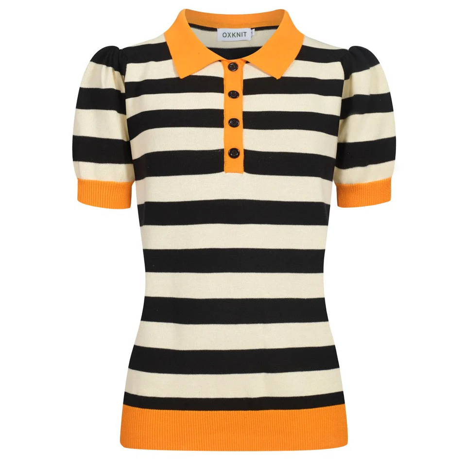 Women's Orange vintage striped bubble sleeve knitted orange polo