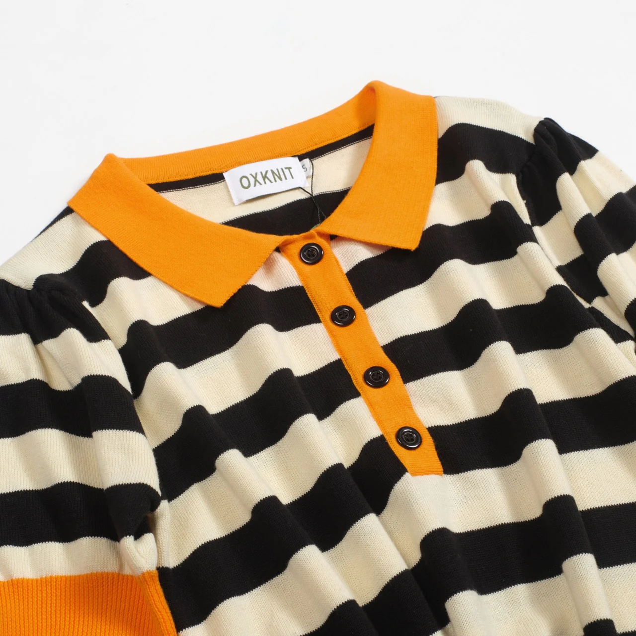 Women's Orange vintage striped bubble sleeve knitted orange polo - Image 7