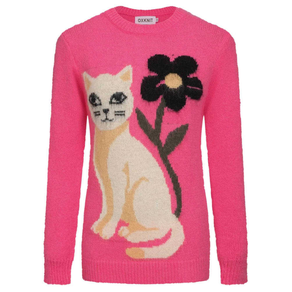 Women's pink cat floral jacquard plush knitwear