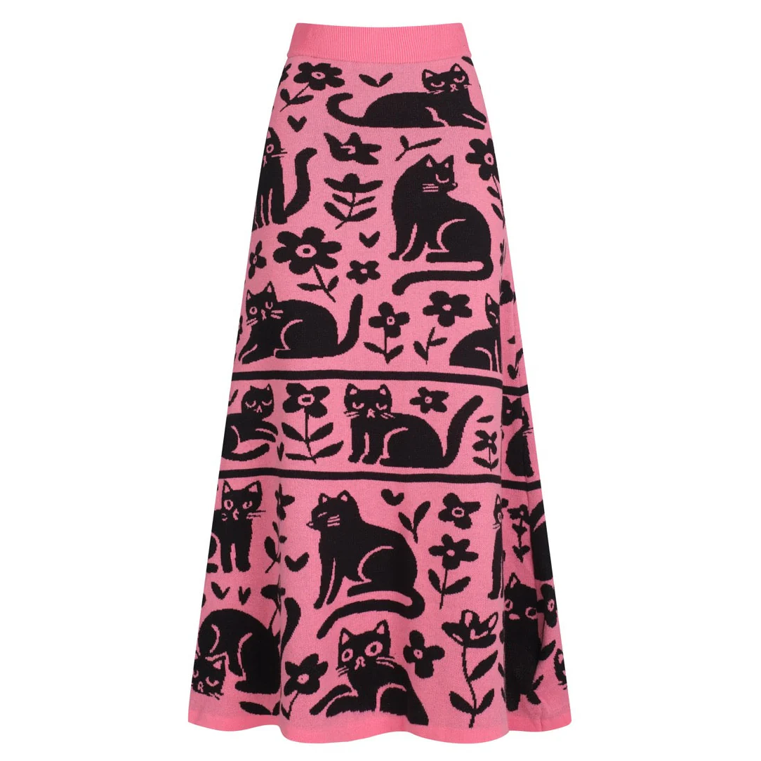 Women's pink retro cat-patterned knitted skirt