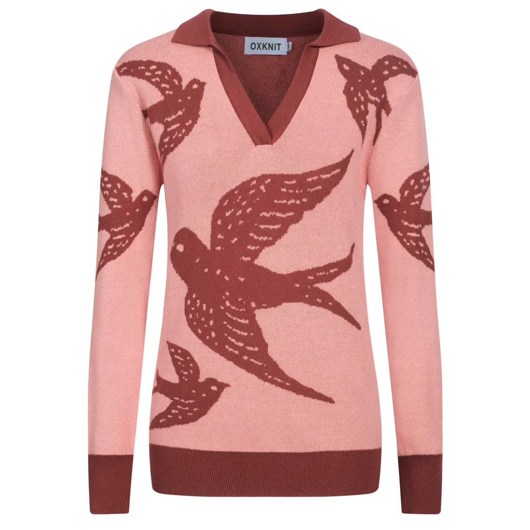 Women's pink swallow jacquard V-neck knitwear