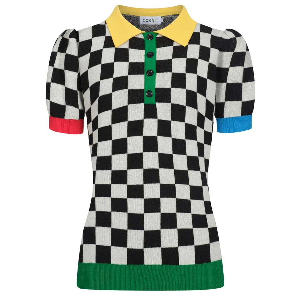 Women's plaid color retro bubble sleeve polo