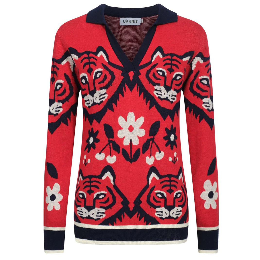 Women's red art jacquard knit V-neck polo shirt