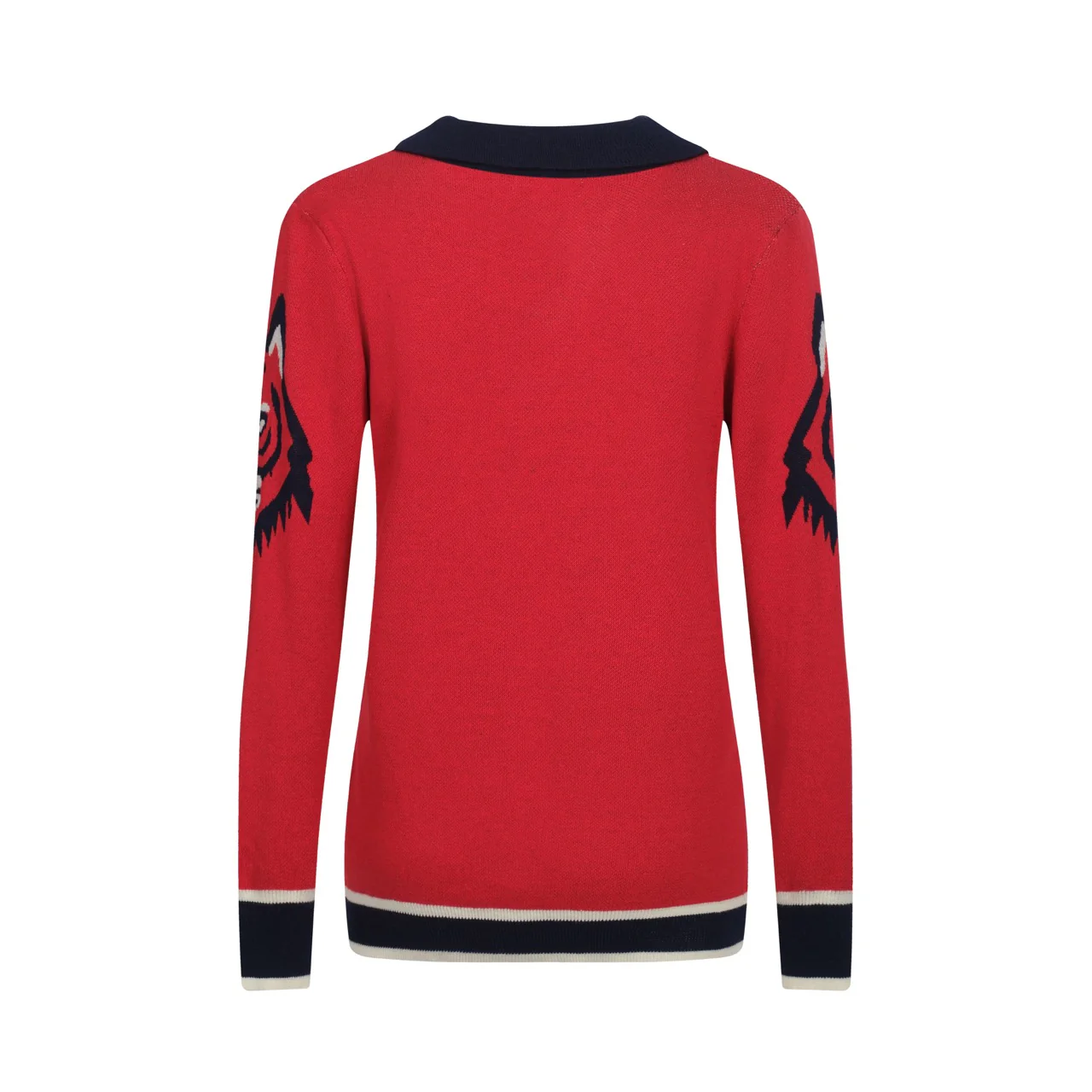 Women's red art jacquard knit V-neck polo shirt - Image 3