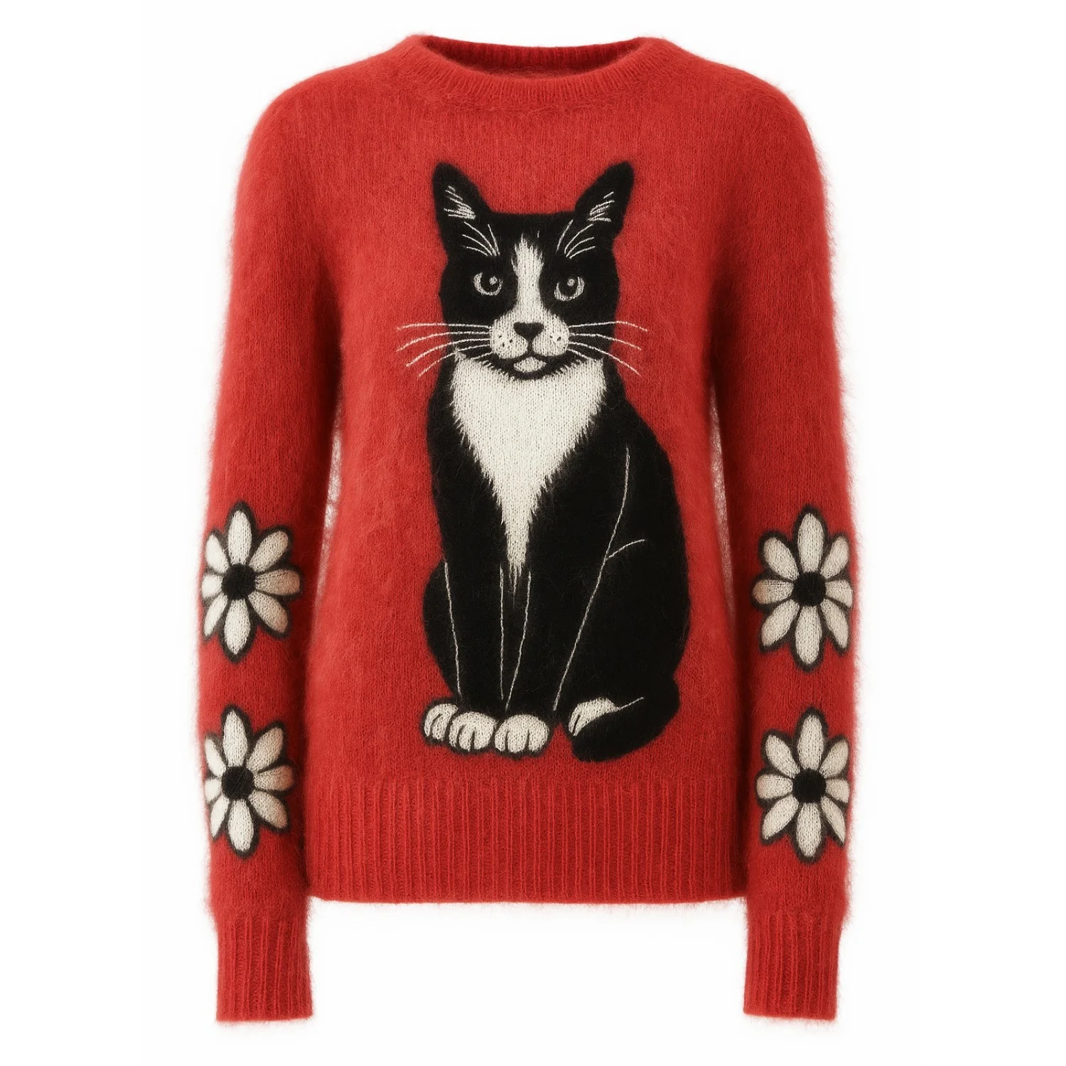 Women's red cat flower jacquard knitwear