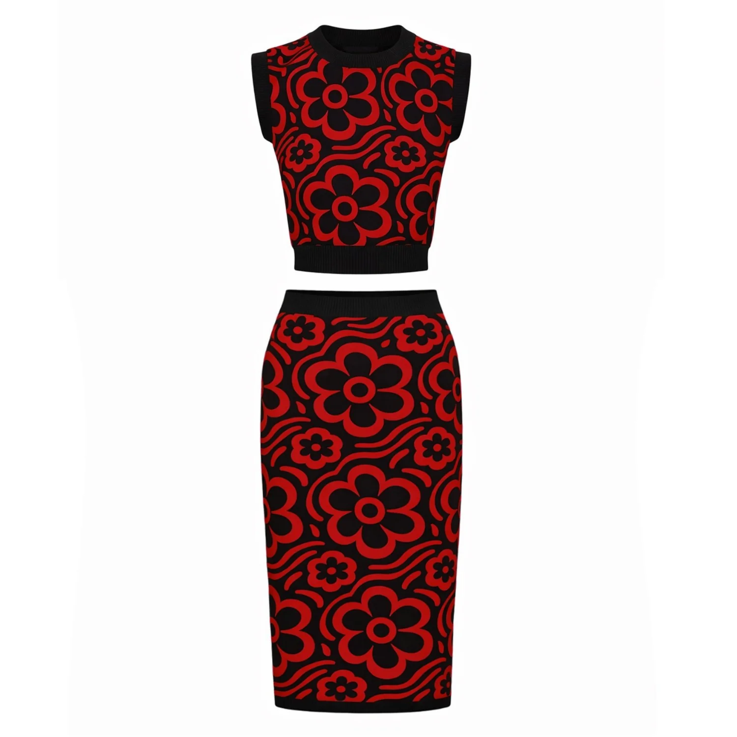Women's red floral Jacquard vintage vest skirt suit