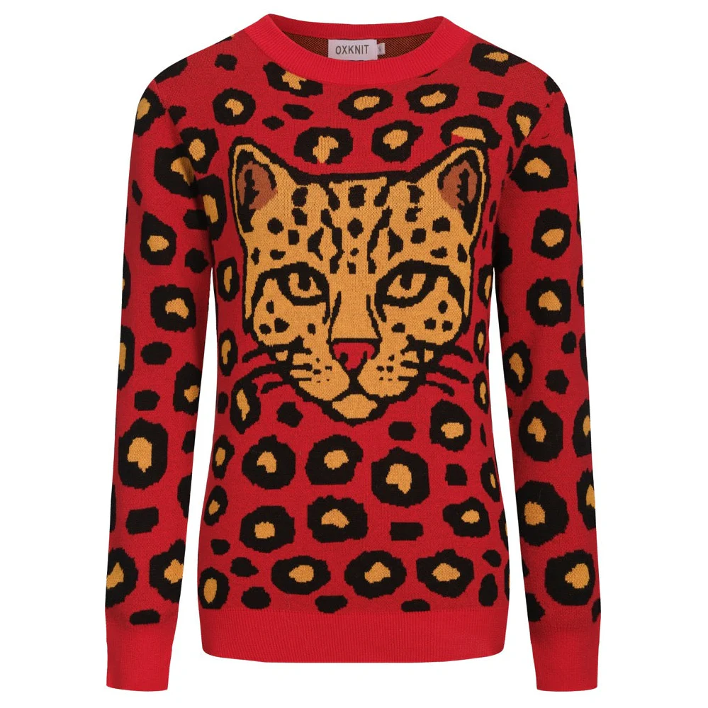 Women's red leopard print retro casual knitwear