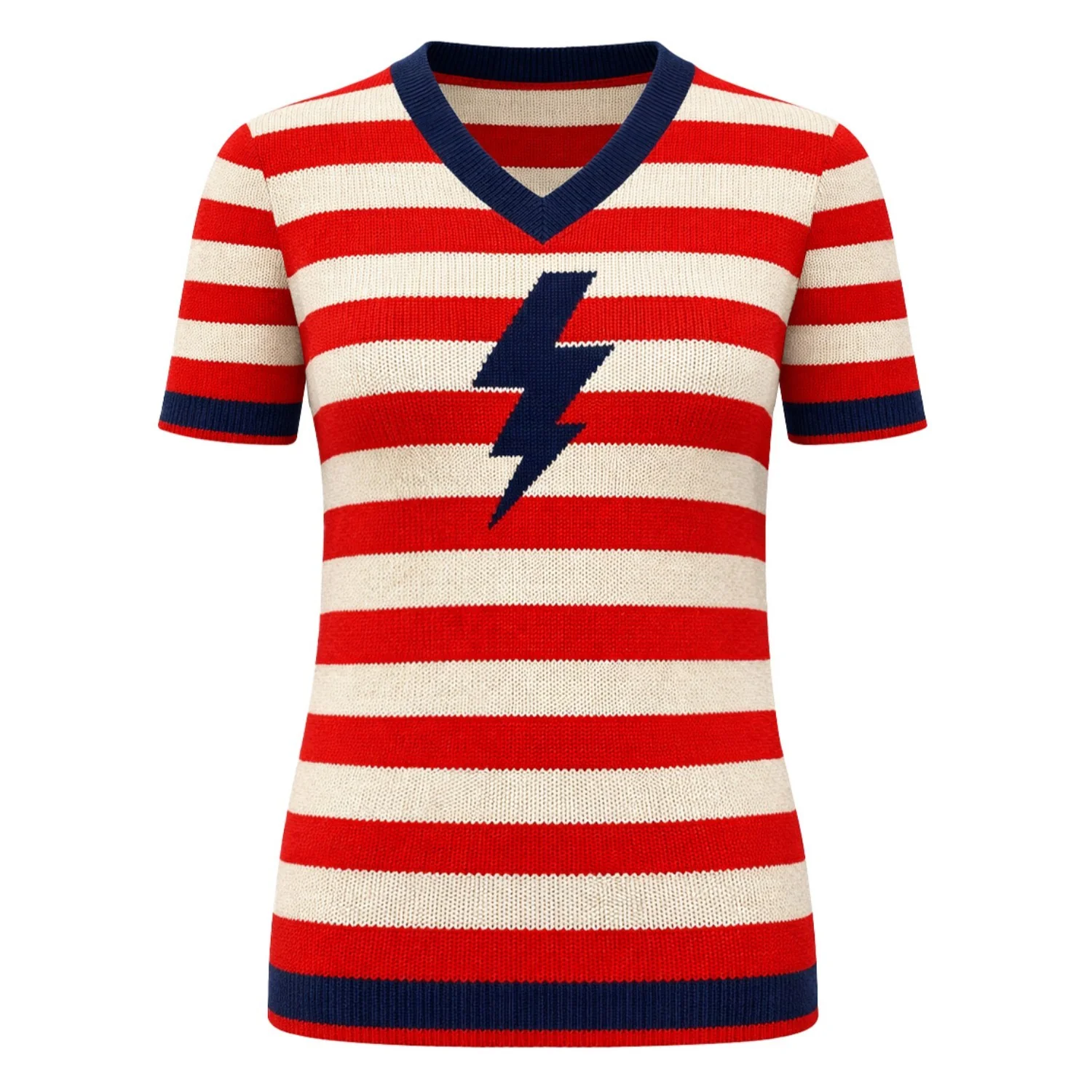 Women's Red Retro Striped Lightning Jacquard Knit T-Shirt