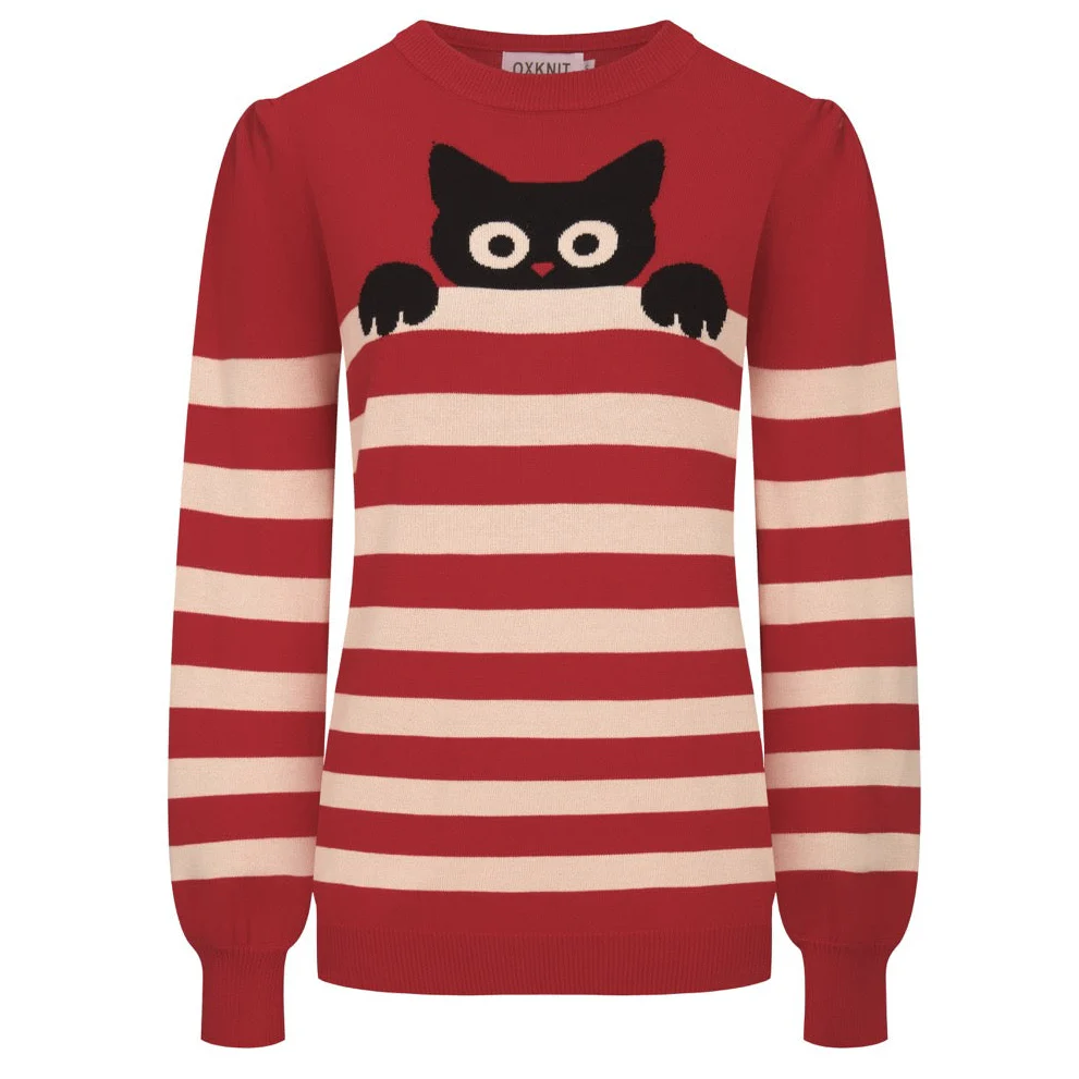 Women's red striped cat bubble sleeve knitwear