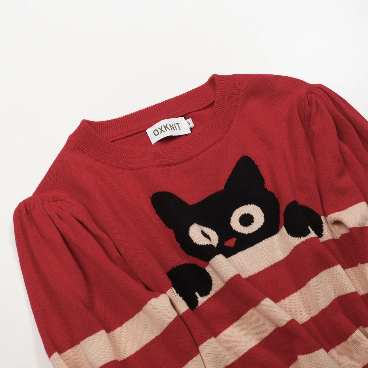 Women's red striped cat bubble sleeve knitwear - Image 10