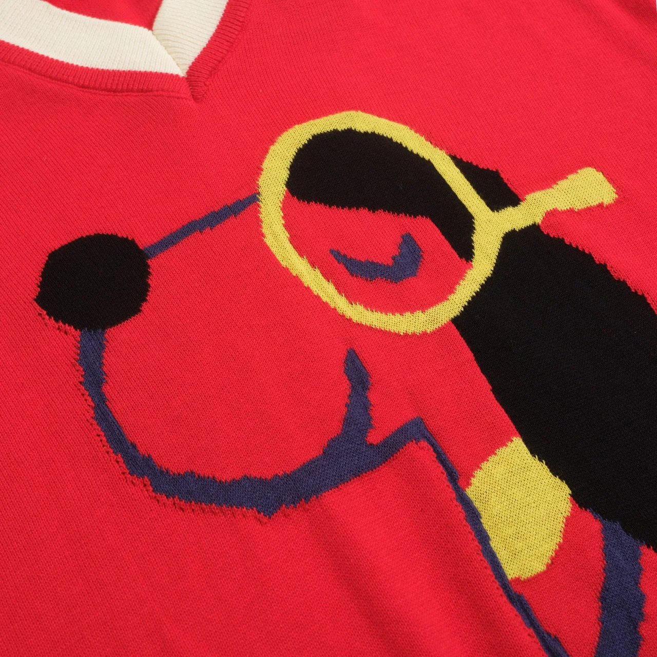 Women's red vintage jacquard V-neck knit T-shirt - Image 2