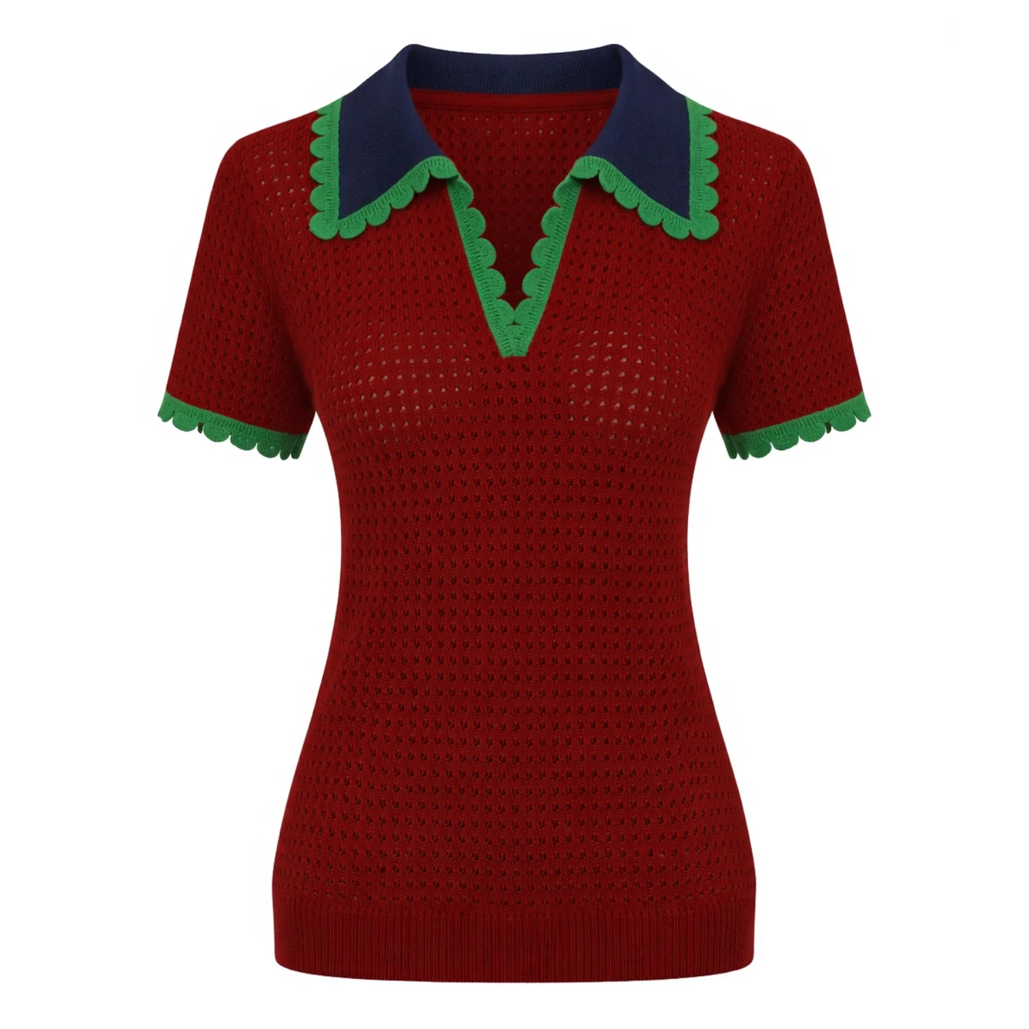 Women's red vintage preppy hollow knit V-neck polo