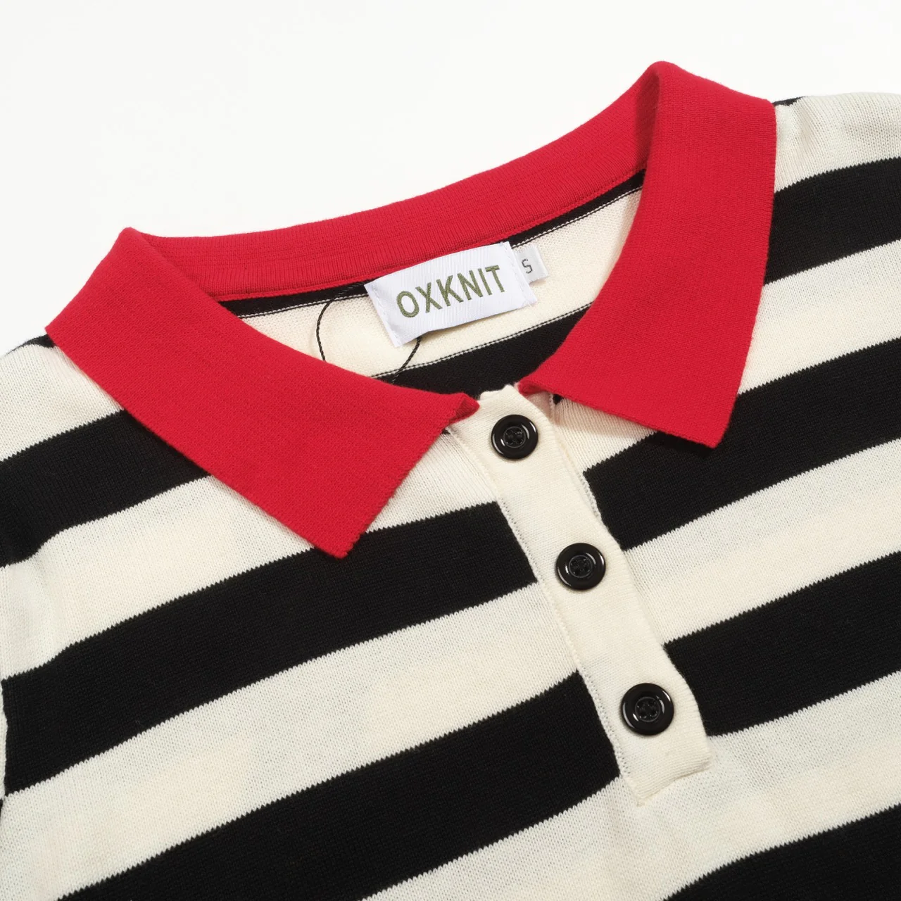 Women's red vintage striped bubble sleeve knitted polo - Image 4