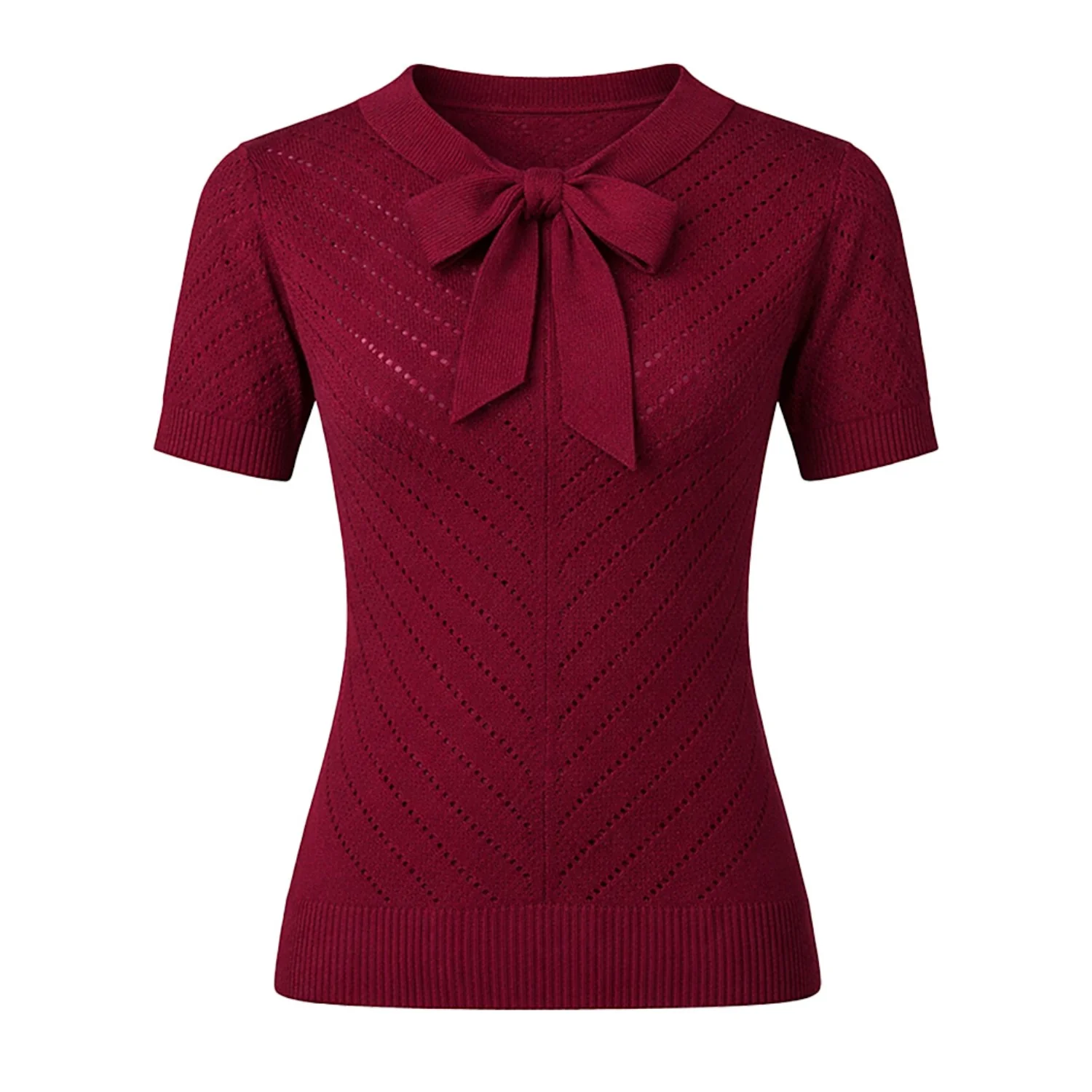 Women's Retro Red Classic Minimalist Jacquard Knit T-Shirt