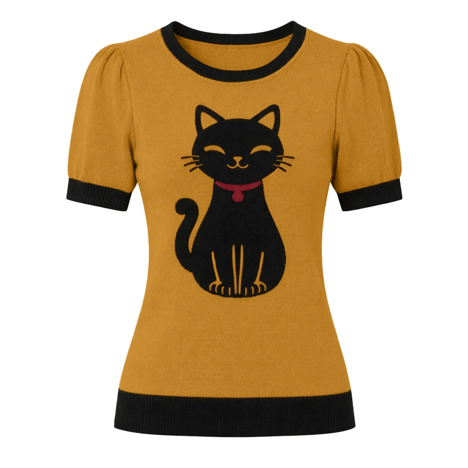 Women's Turmeric Kitten Classic Retro Jacquard Knit T-Shirt
