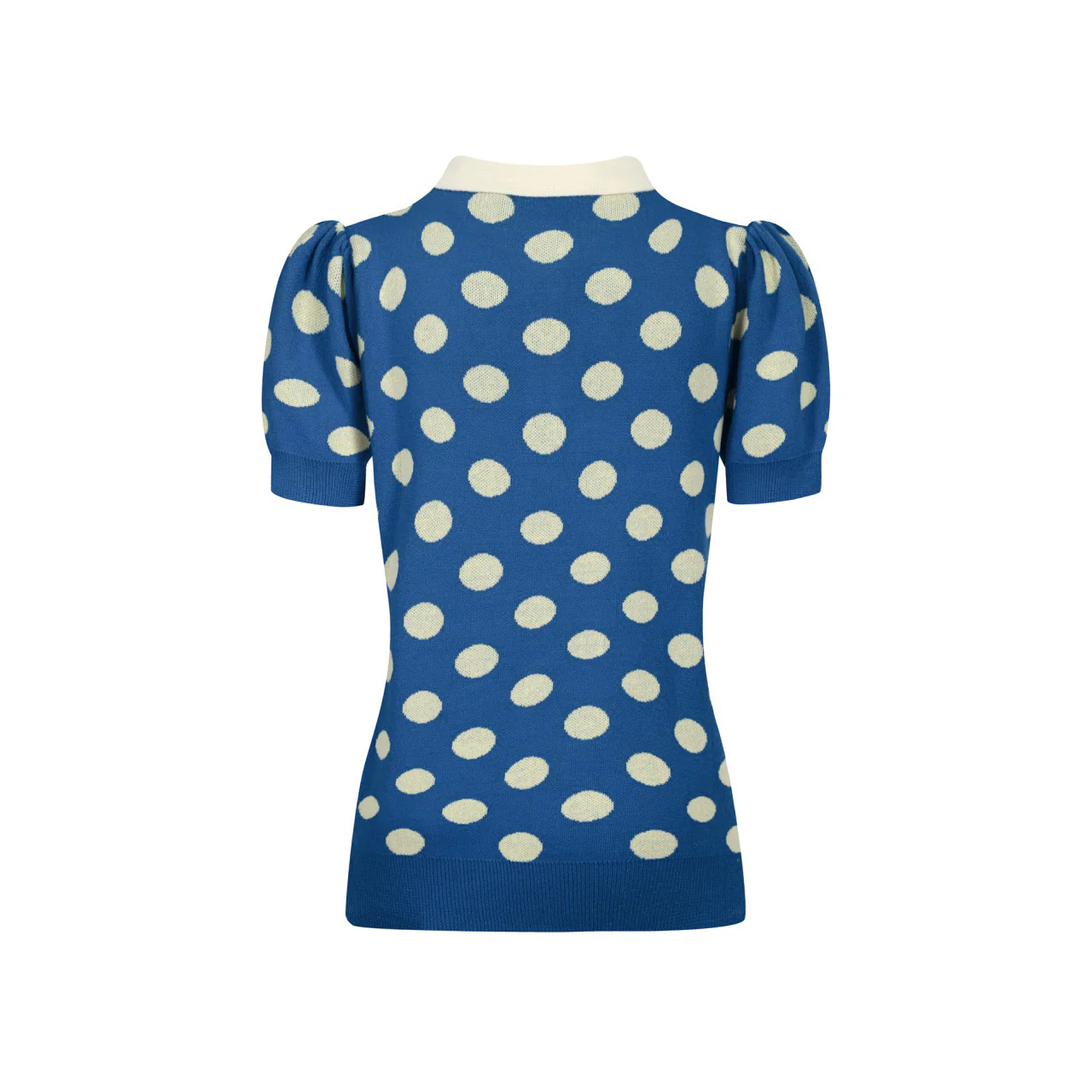 Women's vintage blue polka dot knitted bubble sleeve polo - Image 2