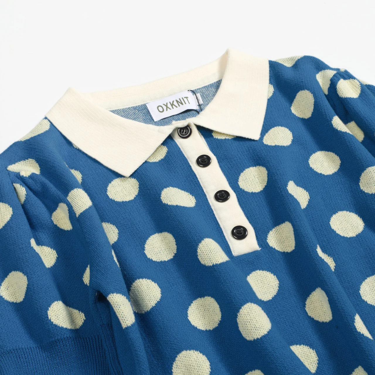 Women's vintage blue polka dot knitted bubble sleeve polo - Image 7