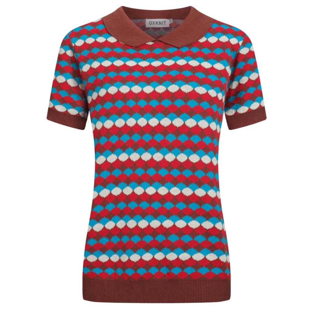 Women's vintage brown jacquard lapel knit T-shirt