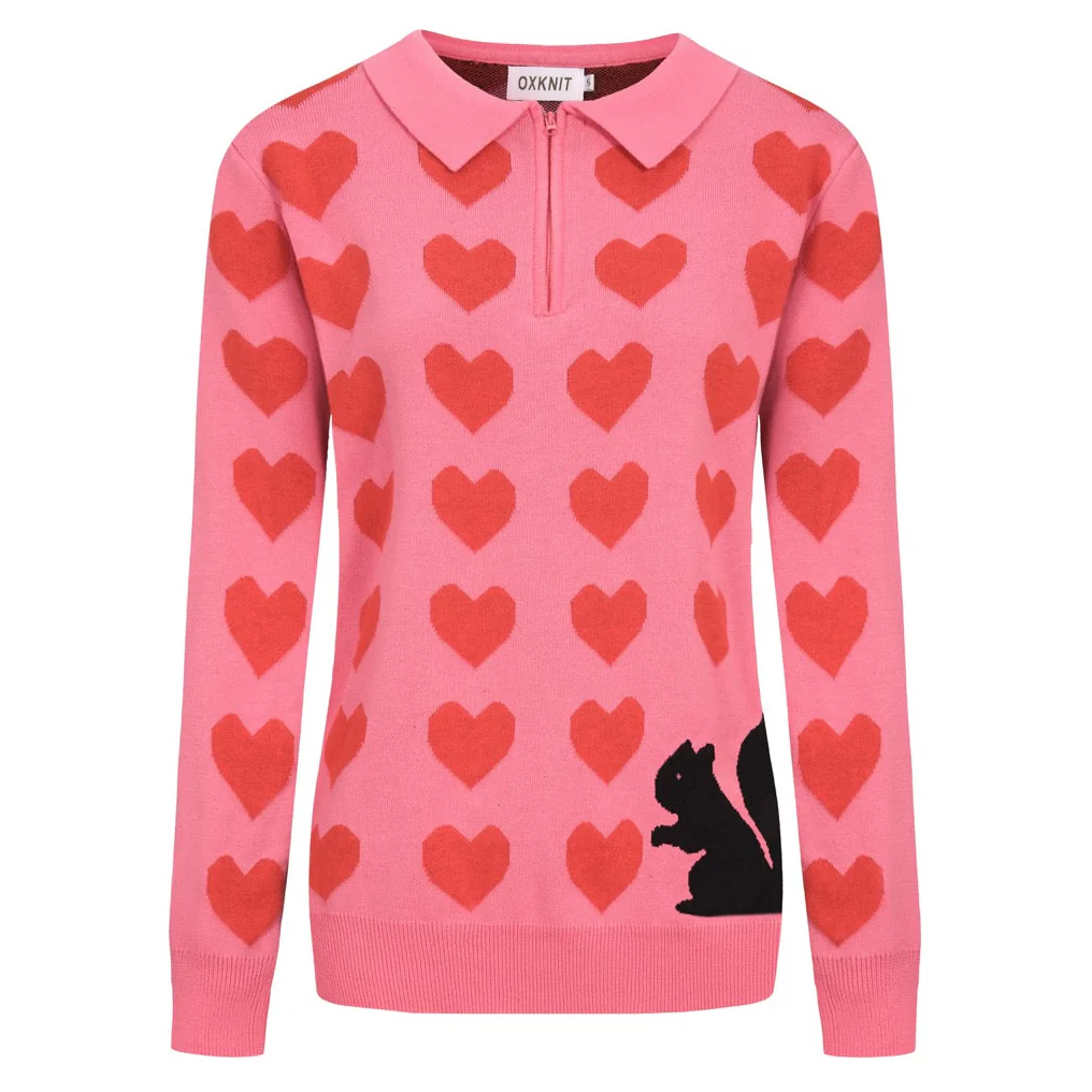Women's vintage Love squirrel jacquard knit polo shirt